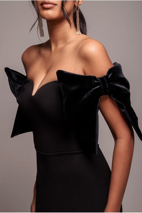 Goddiva Scuba Off The Shoulder Velvet Bow Maxi Dress - Black