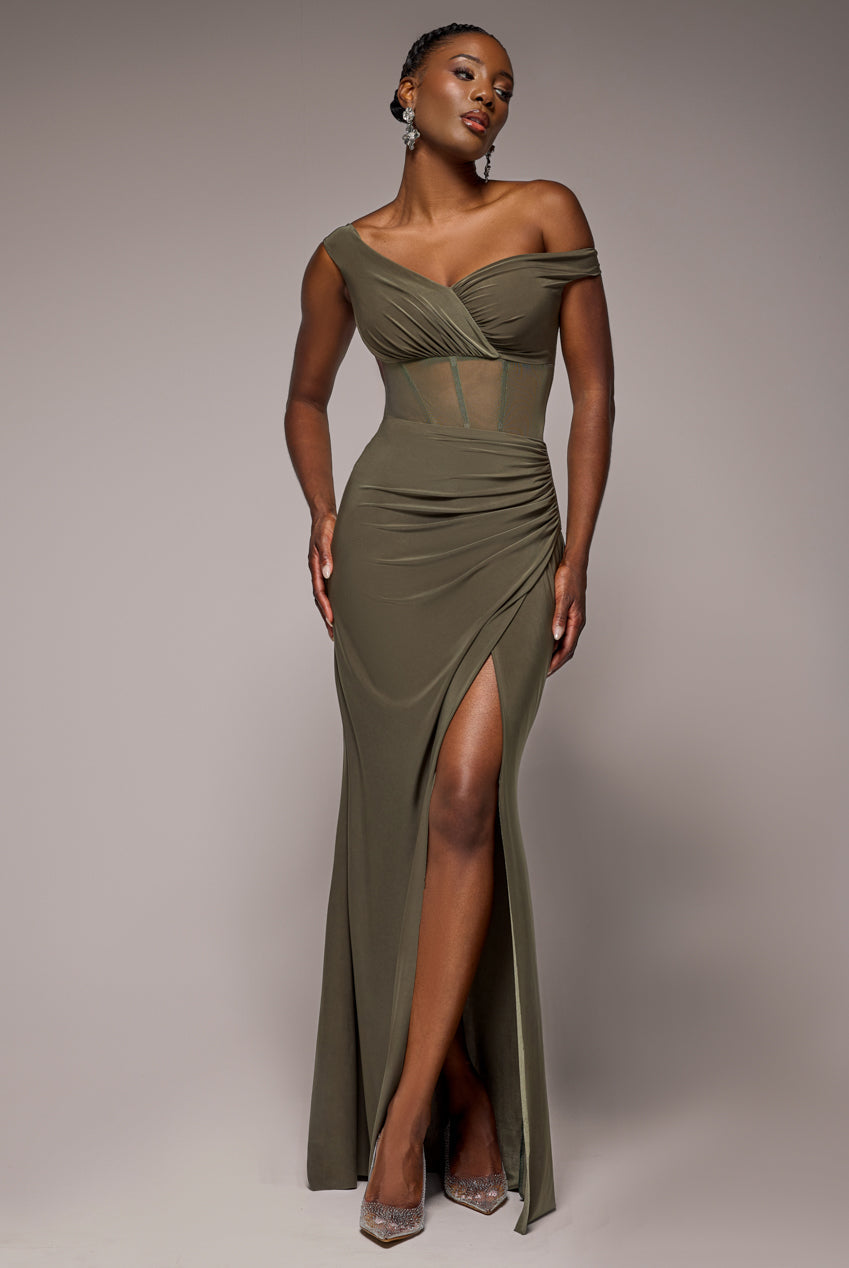 Goddiva Off The Shoulder Corset Waist Mesh Wrap Skirt Soft Touch Maxi Dress - Khaki Green