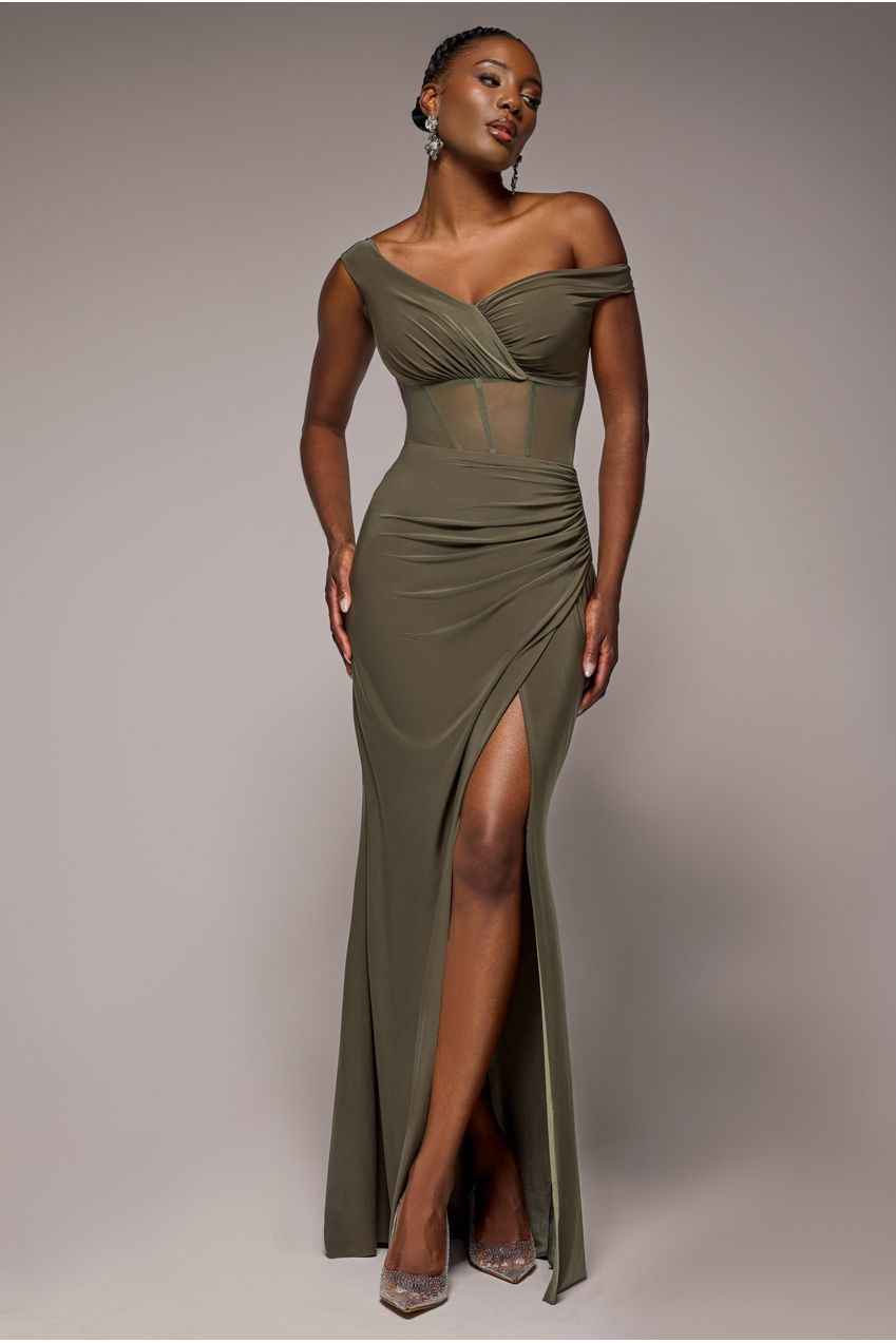 Goddiva Off The Shoulder Corset Waist Mesh Wrap Skirt Soft Touch Maxi Dress - Khaki Green