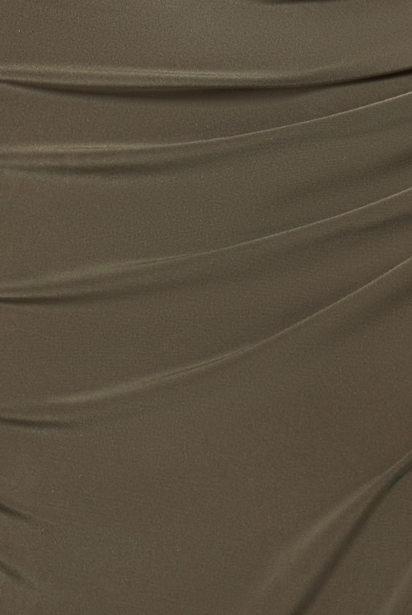 Goddiva Off The Shoulder Corset Waist Mesh Wrap Skirt Soft Touch Maxi Dress - Khaki Green