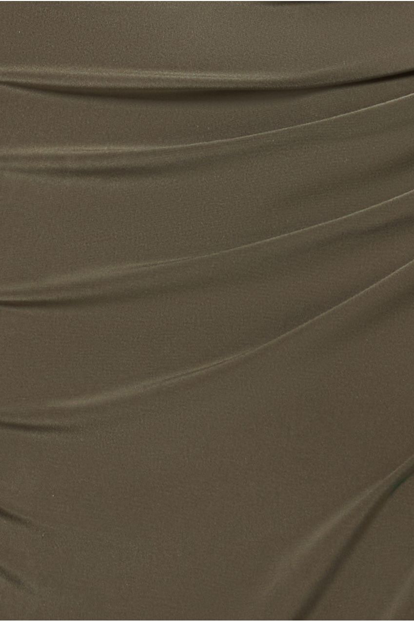 Goddiva Off The Shoulder Corset Waist Mesh Wrap Skirt Soft Touch Maxi Dress - Khaki Green