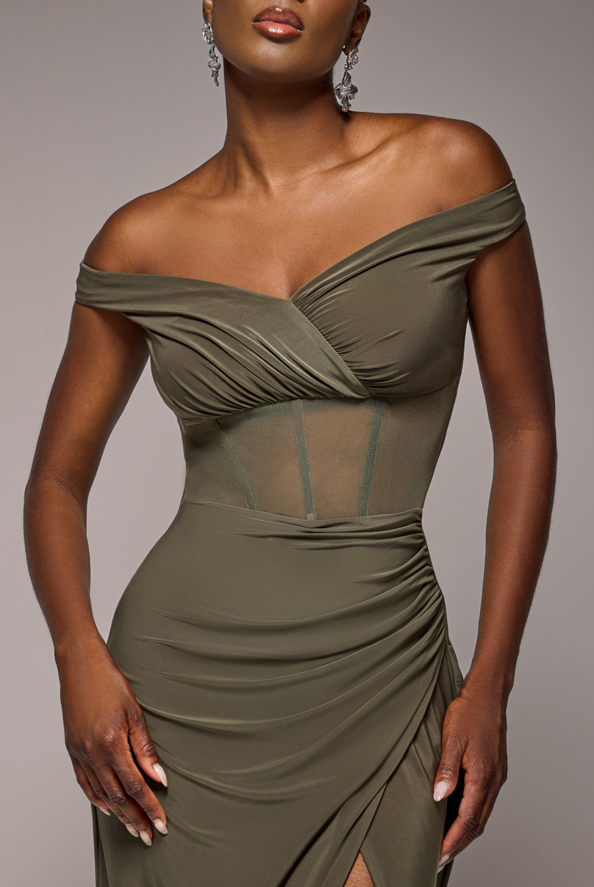Goddiva Off The Shoulder Corset Waist Mesh Wrap Skirt Soft Touch Maxi Dress - Khaki Green