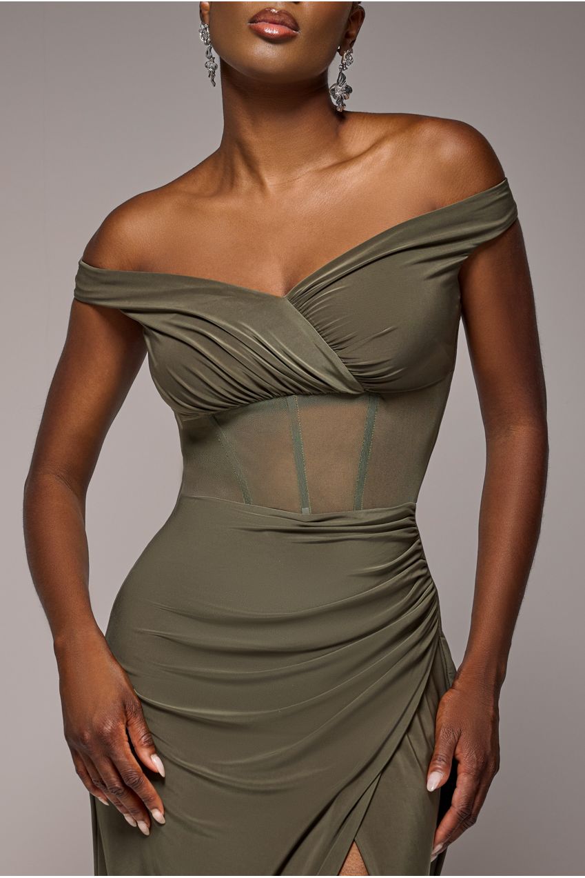 Goddiva Off The Shoulder Corset Waist Mesh Wrap Skirt Soft Touch Maxi Dress - Khaki Green