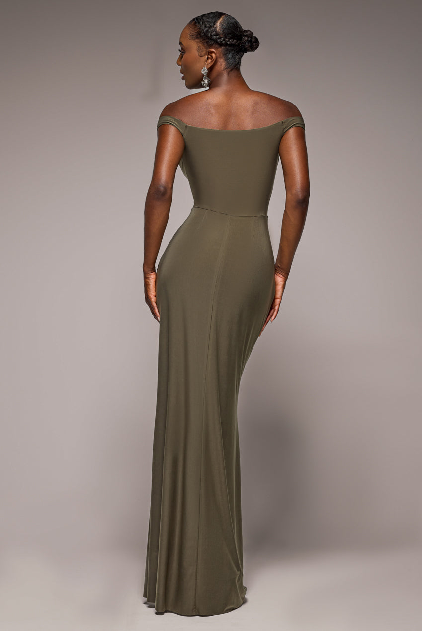 Goddiva Off The Shoulder Corset Waist Mesh Wrap Skirt Soft Touch Maxi Dress - Khaki Green