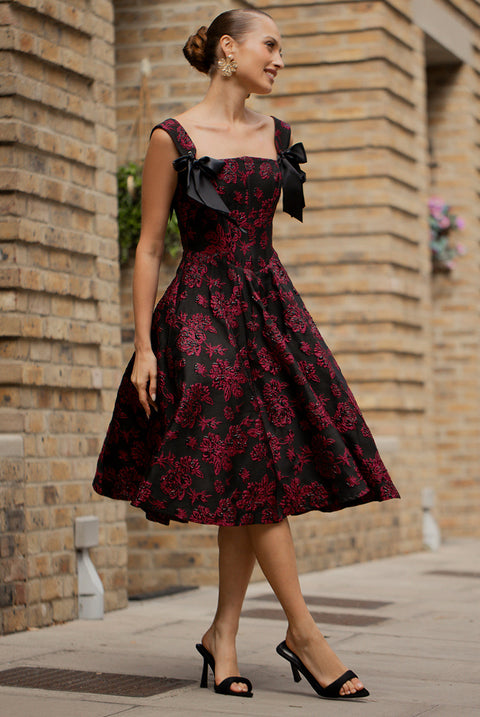 Goddiva Jacquard Multiway Bow Strap Skater Midi Dress - Black