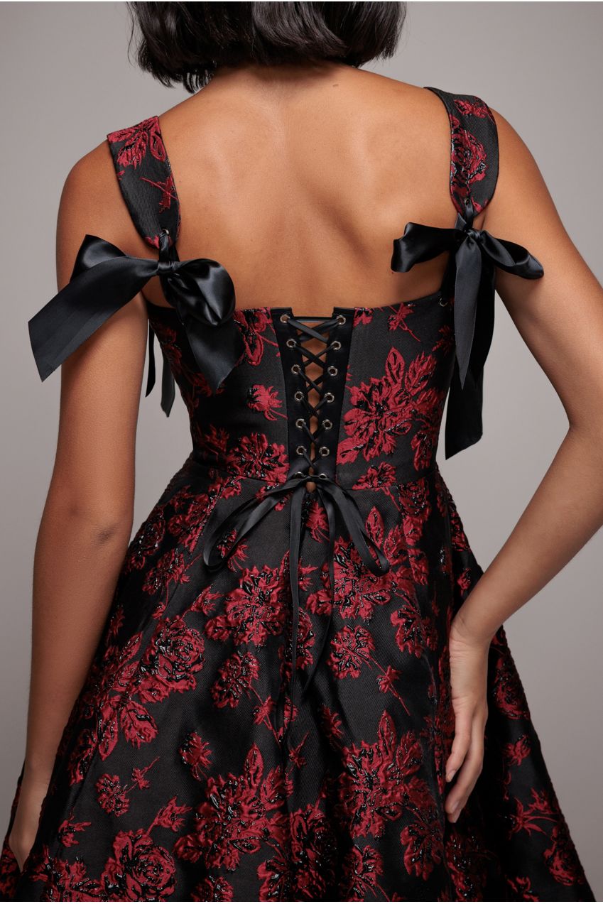 Goddiva Jacquard Multiway Bow Strap Skater Midi Dress - Black