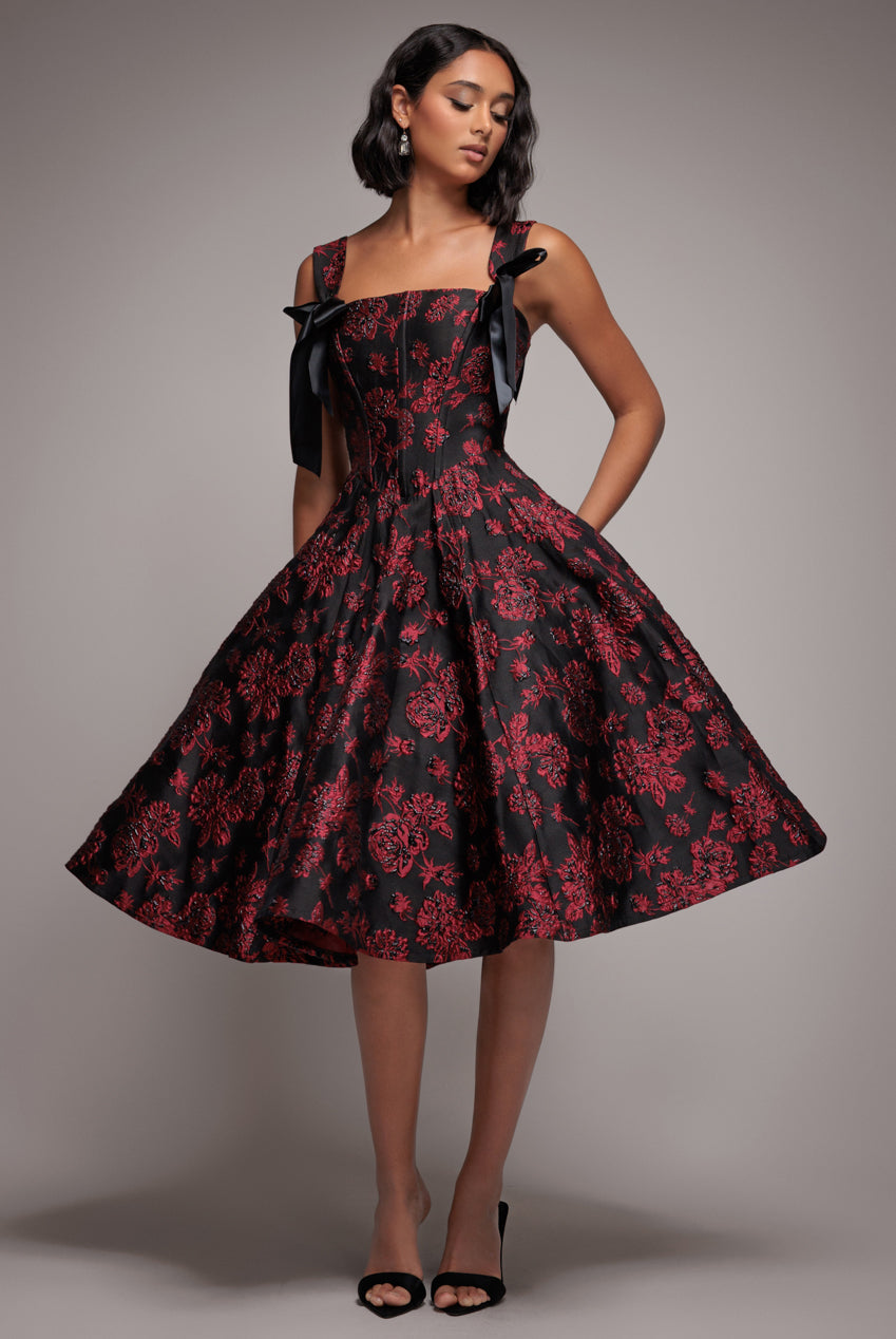 Goddiva Jacquard Multiway Bow Strap Skater Midi Dress - Black