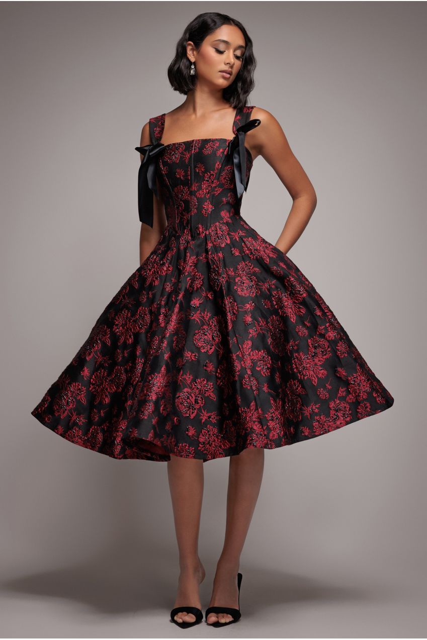 Goddiva Jacquard Multiway Bow Strap Skater Midi Dress - Black