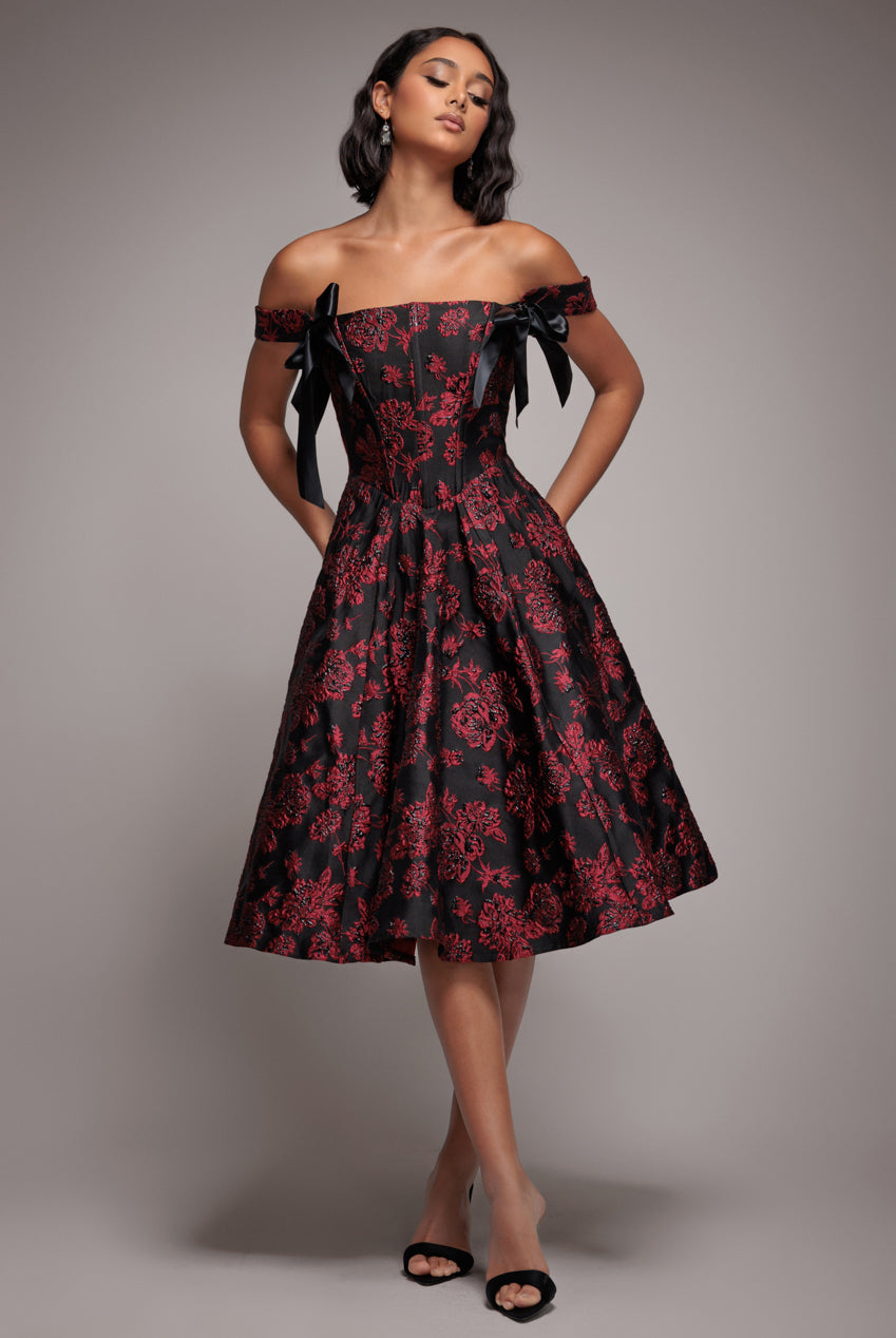 Goddiva Jacquard Multiway Bow Strap Skater Midi Dress - Black