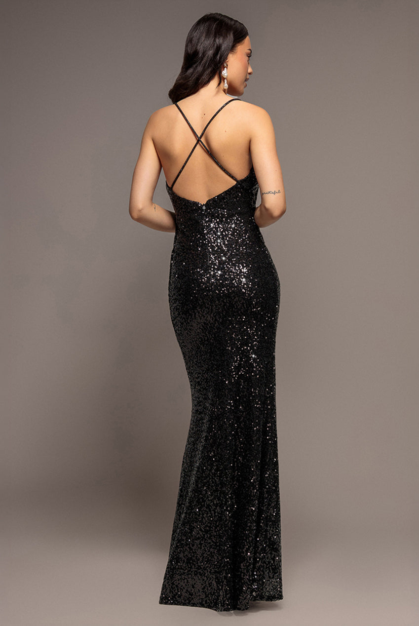 Goddiva Plunge Cowl Criss Cross Back Sequin Maxi Dress - Black