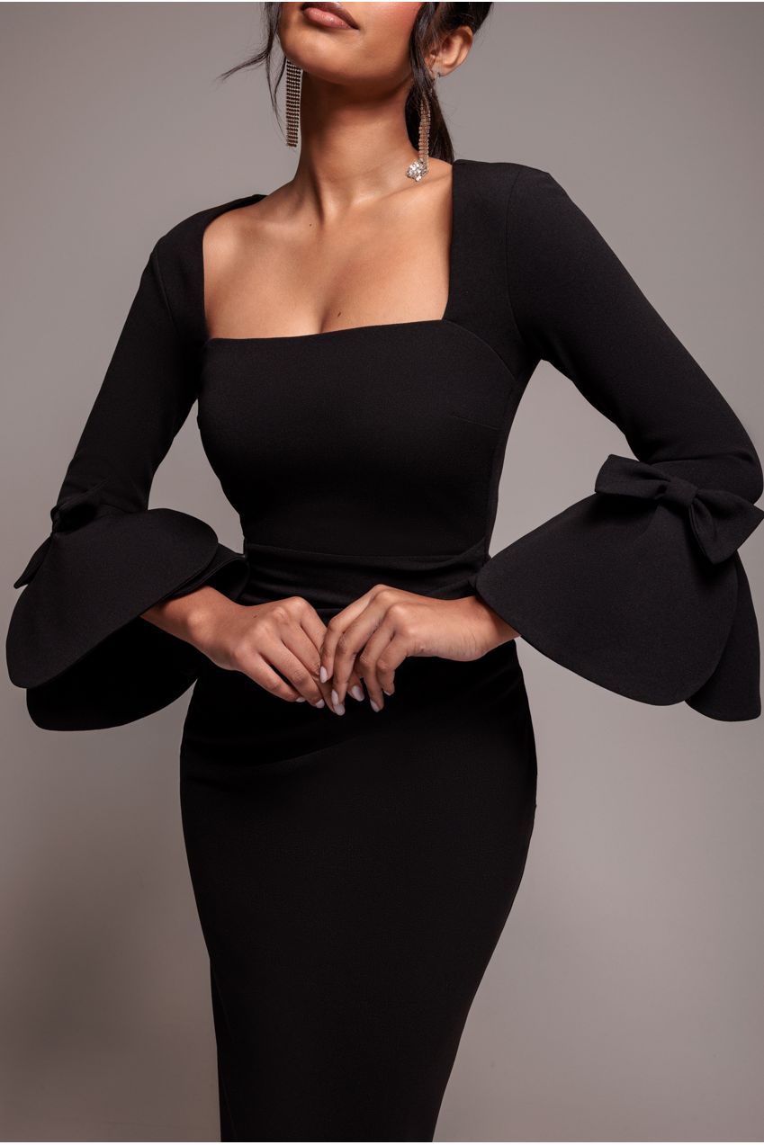 Goddiva Petal Bow Sleeve Frill Midi Dress - Black