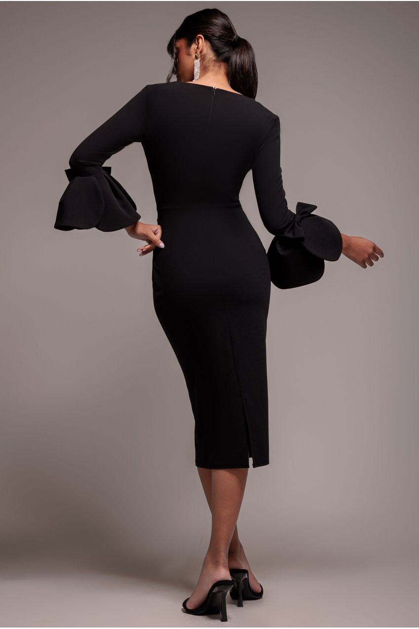 Goddiva Petal Bow Sleeve Frill Midi Dress - Black