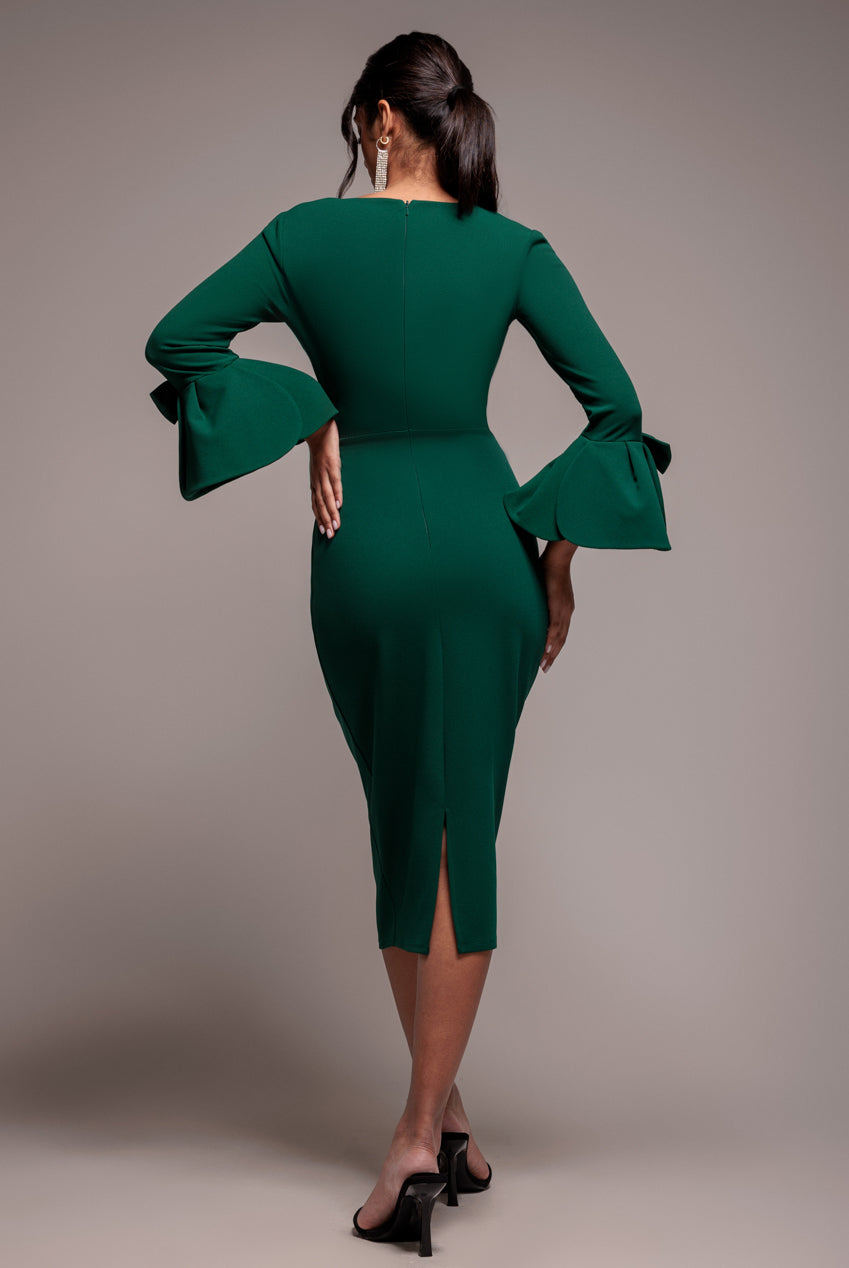 Goddiva Petal Bow Sleeve Frill Midi Dress - Emerald Green