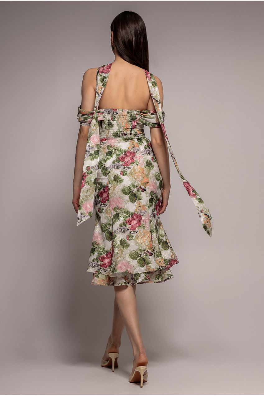 Goddiva Cowl Neck Floral Print Jacquard Chiffon Tiered Midi Dress - Cream