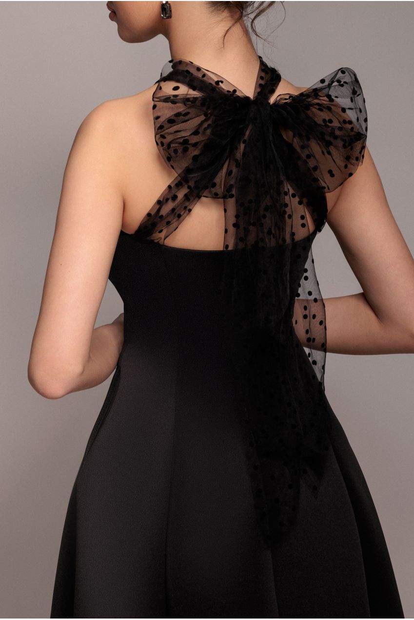 Goddiva Scuba & Polka Mesh Bella Bow Multiway A-Line Midi Dress - Black