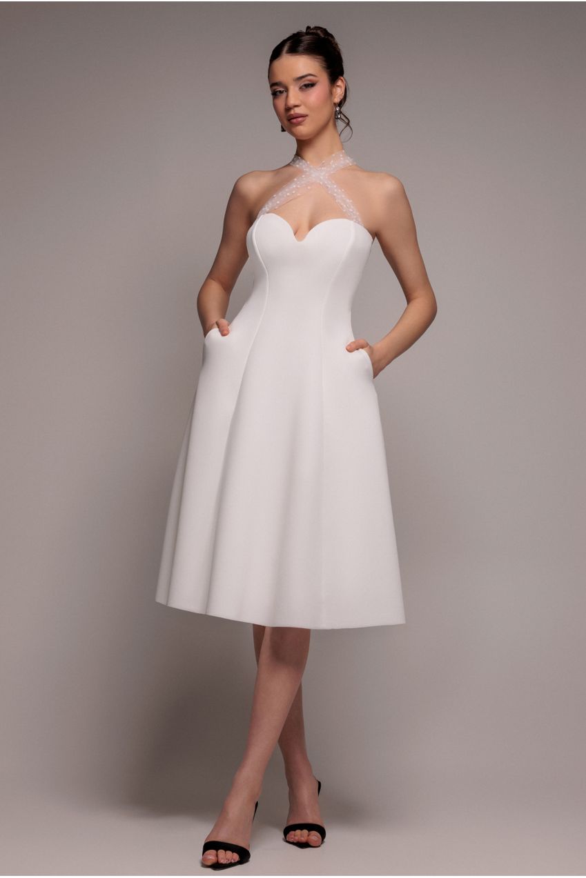 Goddiva Scuba & Polka Mesh Bella Bow Multiway A-Line Midi Dress - White