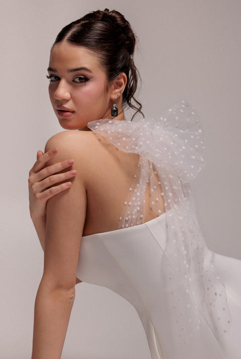 Goddiva Scuba & Polka Mesh Bella Bow Multiway A-Line Midi Dress - White