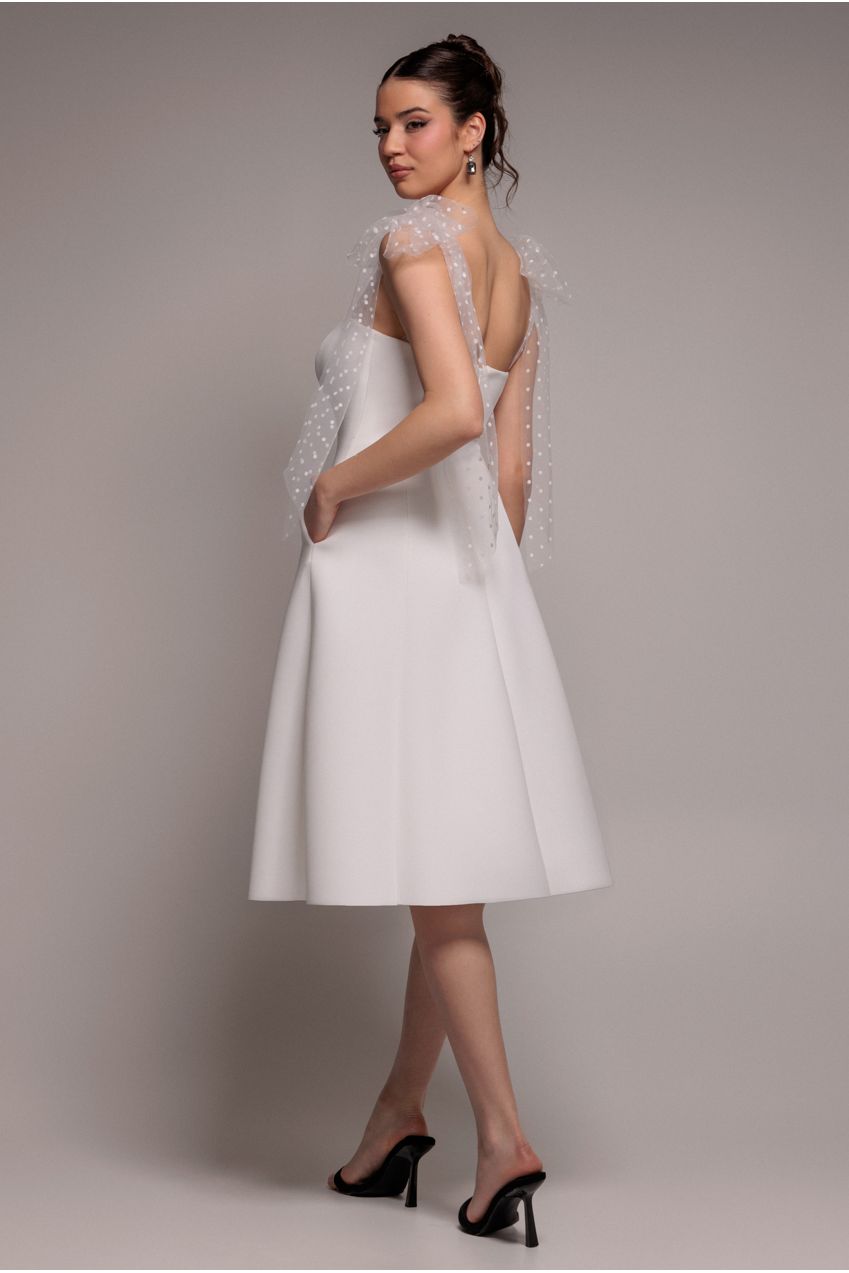 Goddiva Scuba & Polka Mesh Bella Bow Multiway A-Line Midi Dress - White
