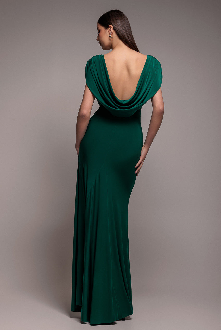 Goddiva Cowl Plunge Draped Mermaid Maxi Dress - Emerald Green