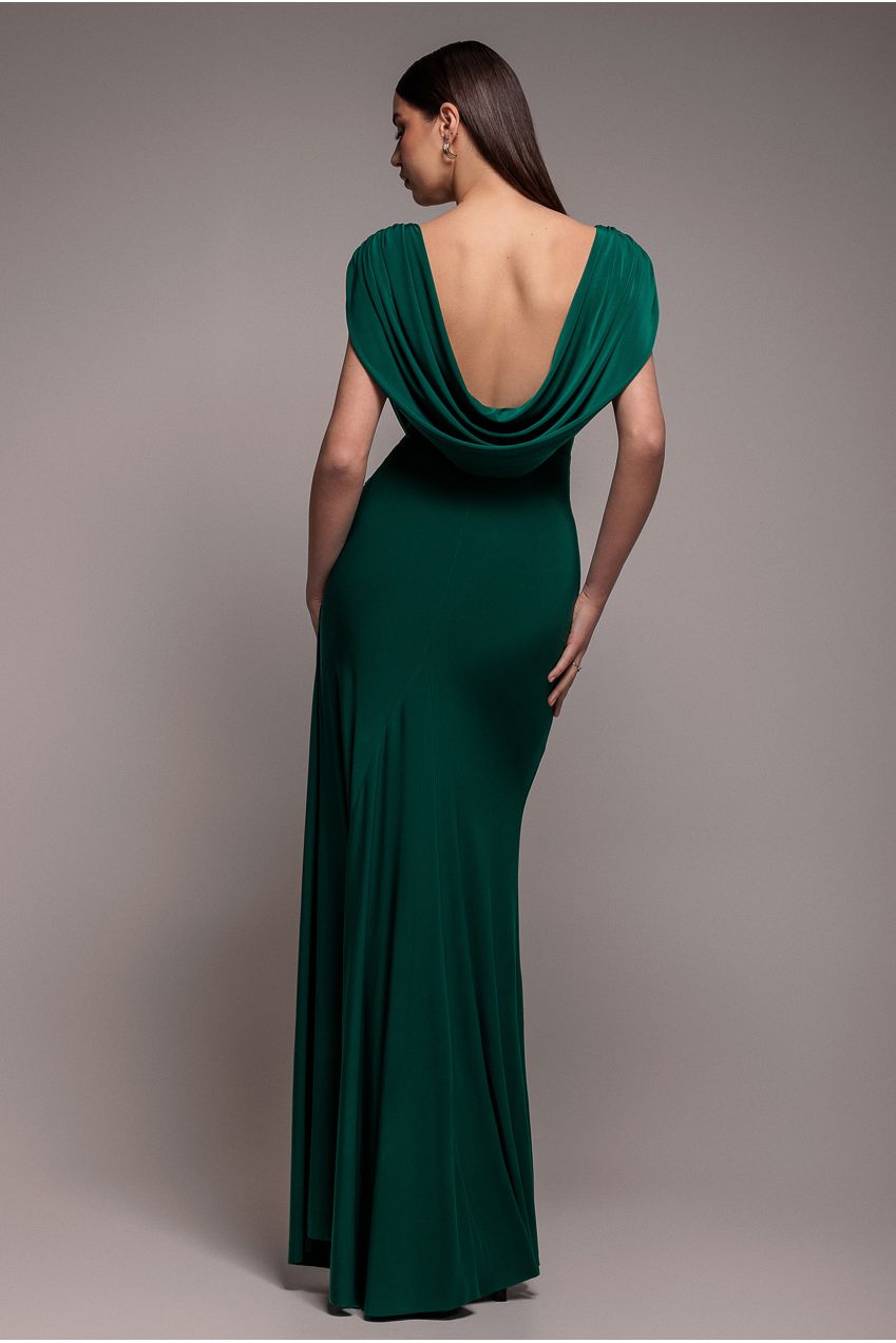 Goddiva Cowl Plunge Draped Mermaid Maxi Dress - Emerald Green