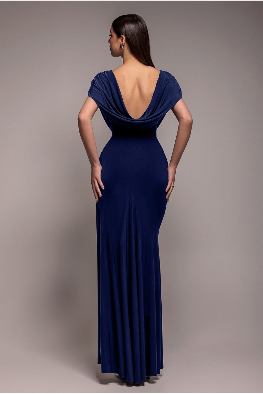 Goddiva Cowl Plunge Draped Mermaid Maxi Dress - Navy Blue
