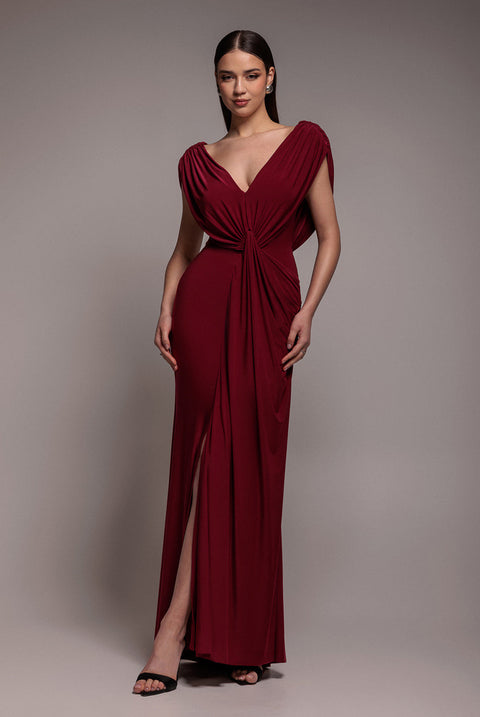 Goddiva Cowl Plunge Draped Mermaid Maxi Dress - Wine