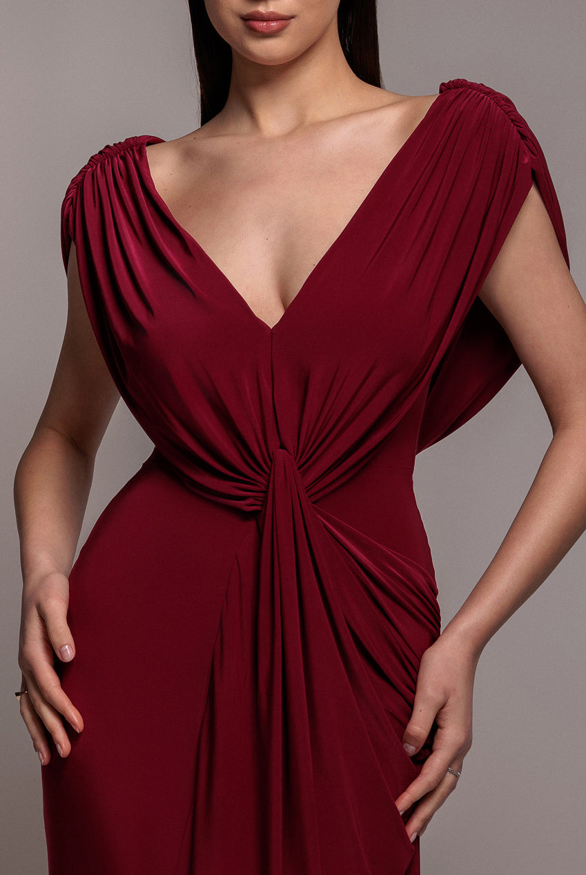 Goddiva Cowl Plunge Draped Mermaid Maxi Dress - Wine