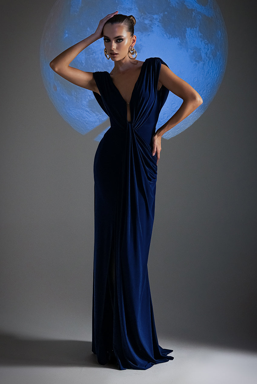 Goddiva Cowl Plunge Draped Mermaid Maxi Dress - Navy Blue