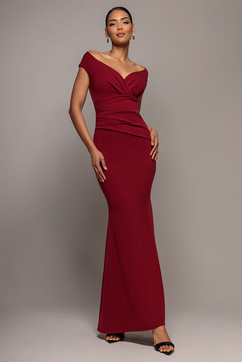 Goddiva Bardot Scuba Crepe Maxi Dress - Wine