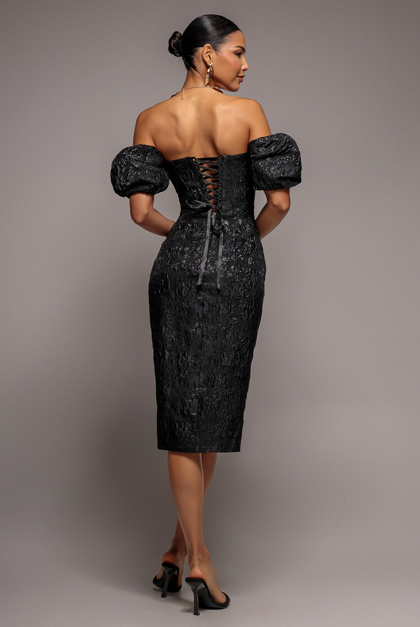 Goddiva Puff Sleeve Sweetheart Midi Dress - Black