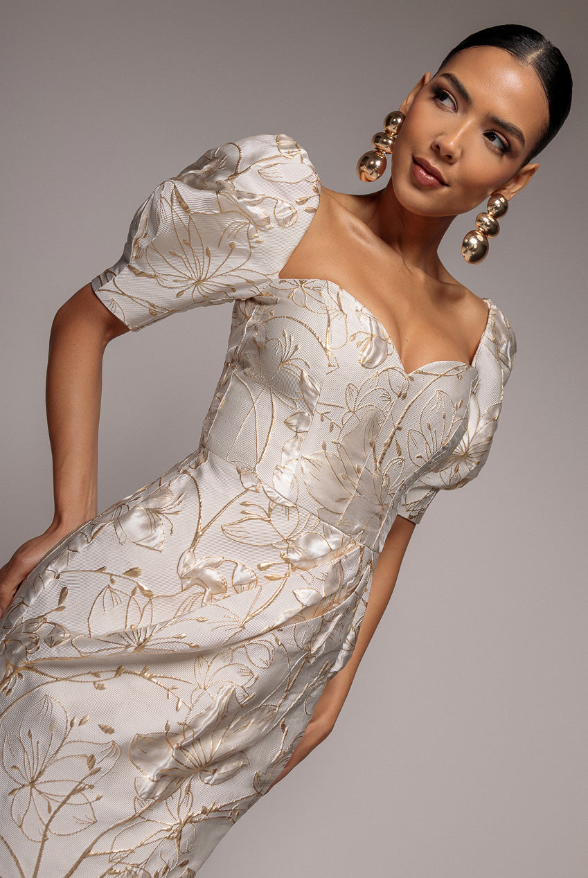 Goddiva Puff Sleeve Sweetheart Midi Dress - Cream