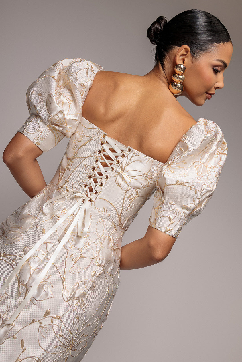 Goddiva Puff Sleeve Sweetheart Midi Dress - Cream