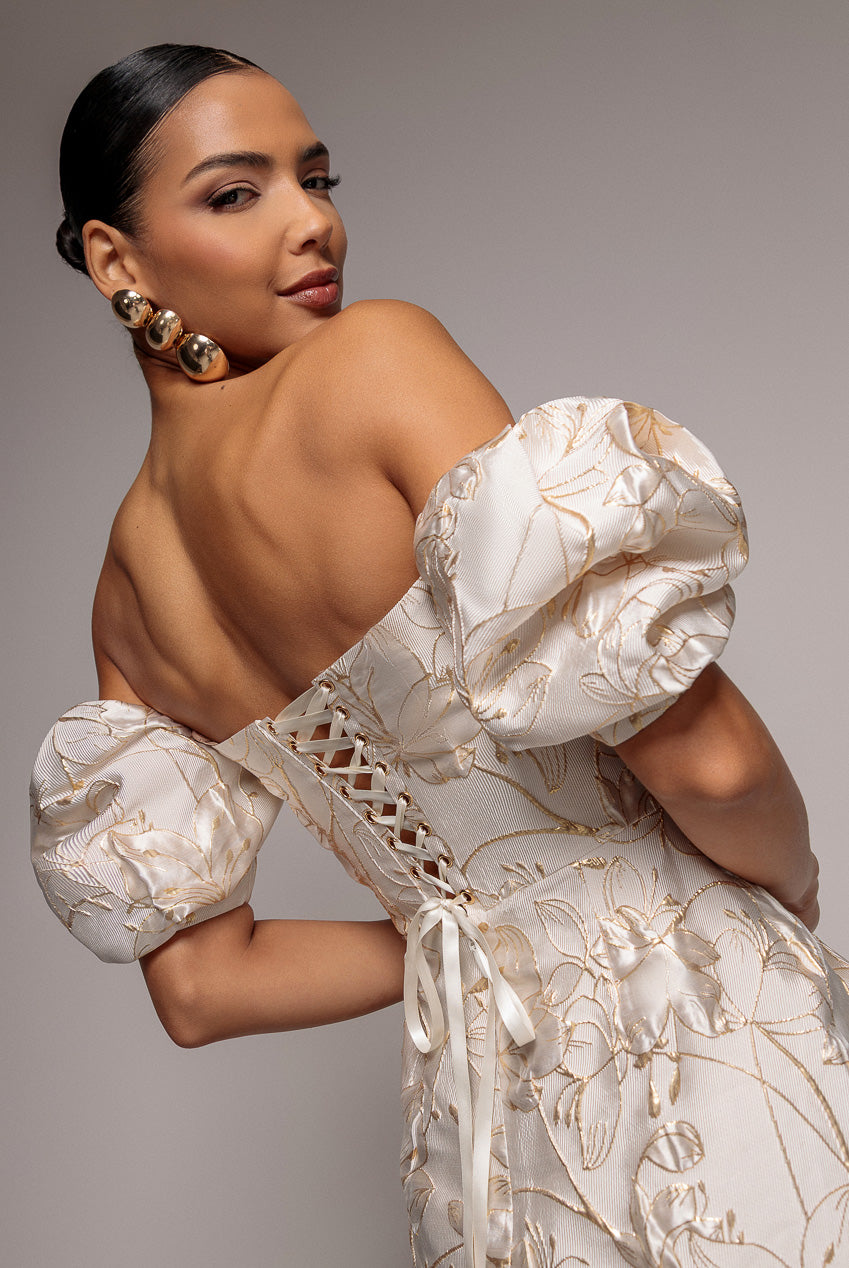 Goddiva Puff Sleeve Sweetheart Midi Dress - Cream