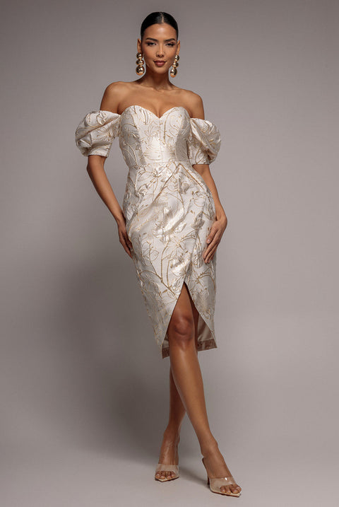 Goddiva Puff Sleeve Sweetheart Midi Dress - Cream