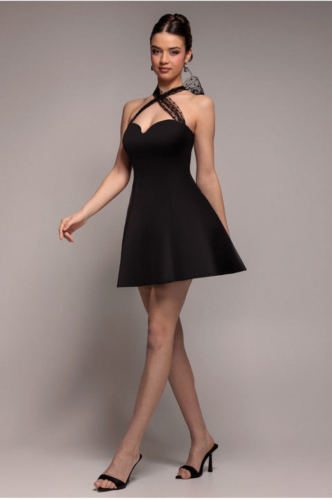 Goddiva Scuba & Polka Mesh Bella Bow Multiway Skater Mini Dress - Black