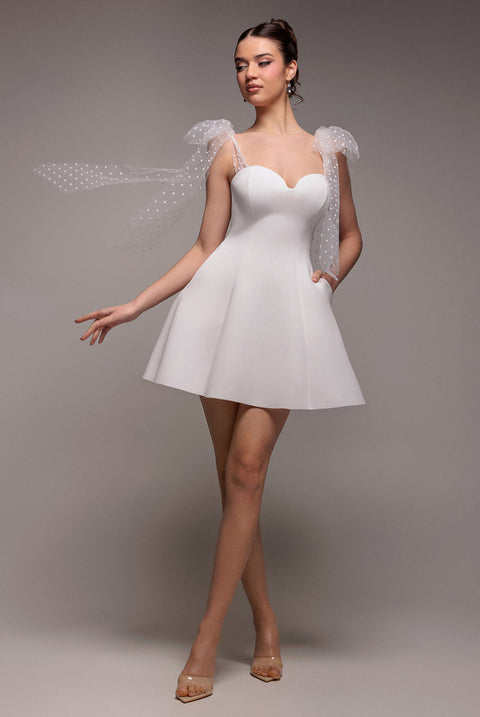 Goddiva Scuba & Polka Mesh Bella Bow Multiway Skater Mini Dress - White