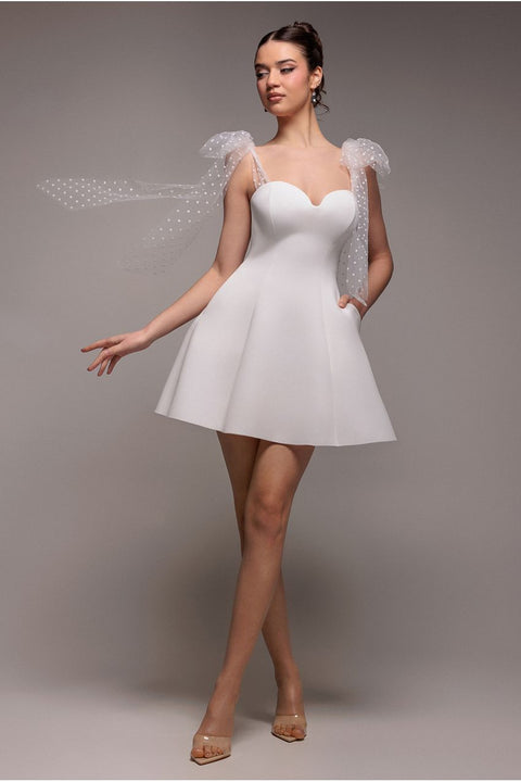 Goddiva Scuba & Polka Mesh Bella Bow Multiway Skater Mini Dress - White