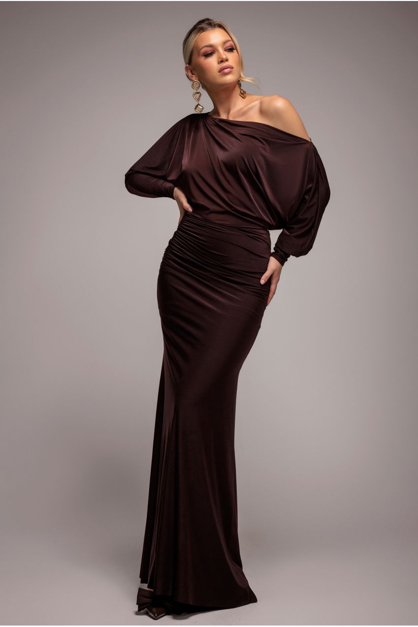 Goddiva Bat Wing Elasticated Side Gather Maxi Dress - Brown