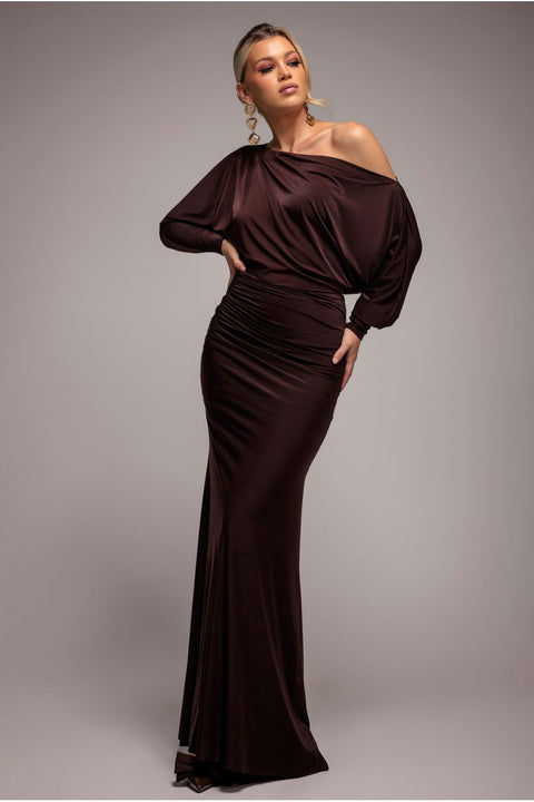 Goddiva Bat Wing Elasticated Side Gather Maxi Dress - Brown
