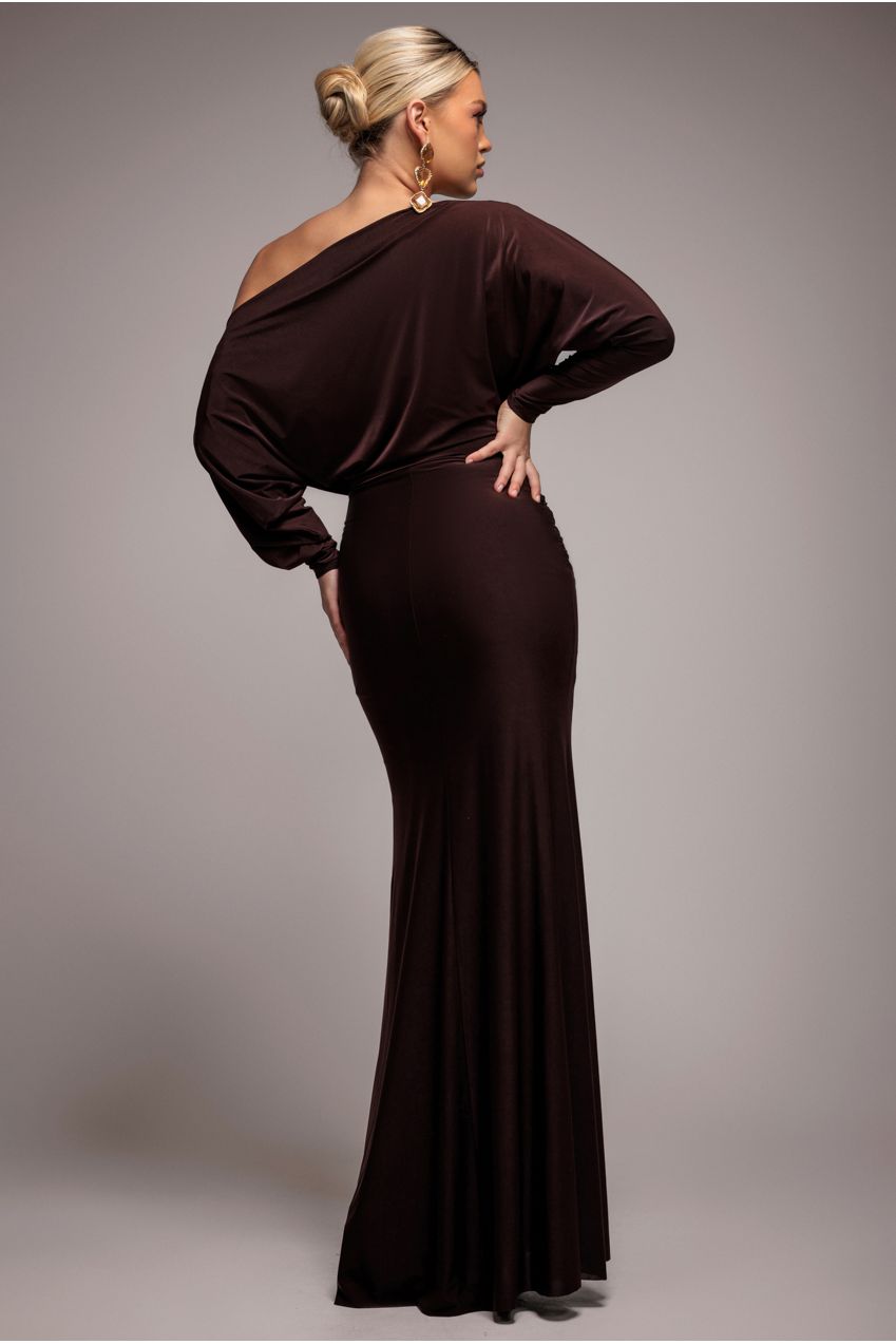 Goddiva Bat Wing Elasticated Side Gather Maxi Dress - Brown