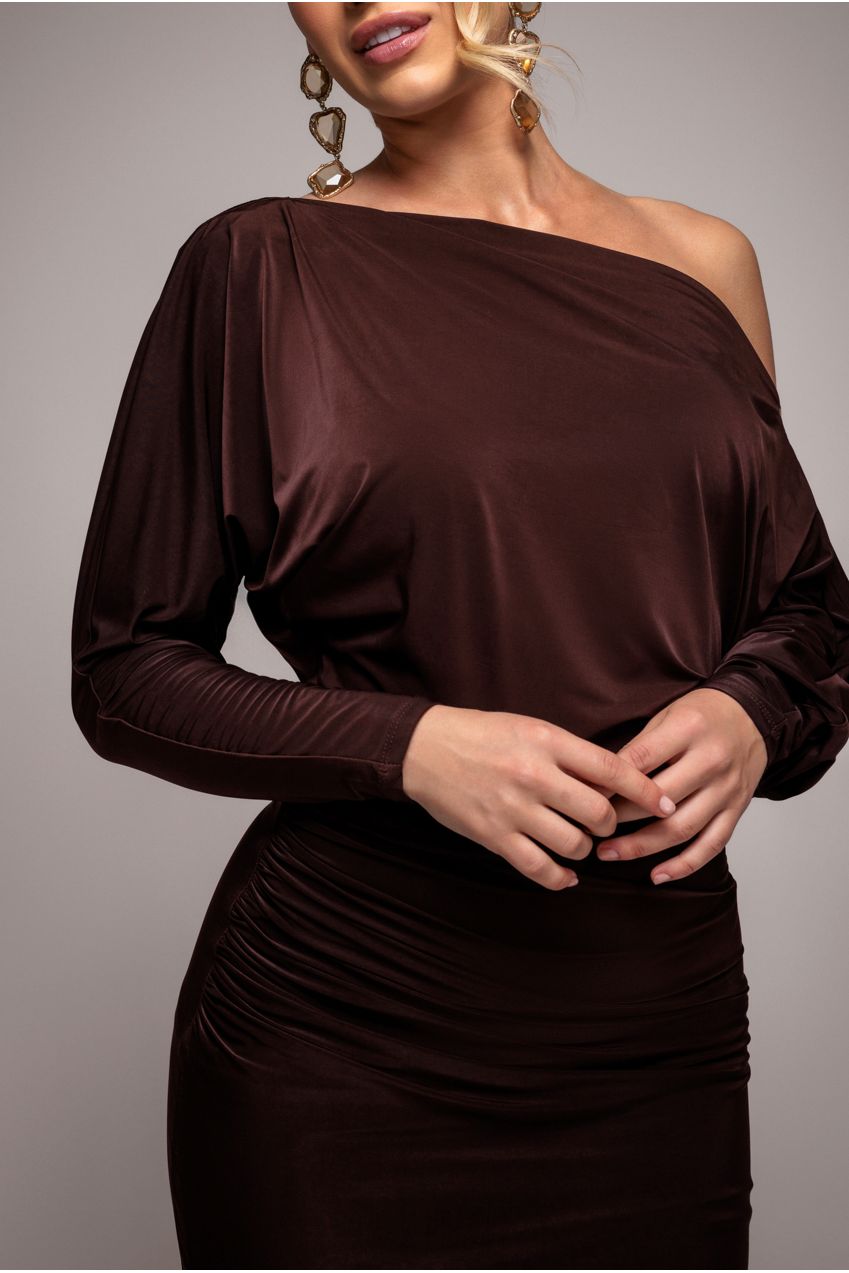 Goddiva Bat Wing Elasticated Side Gather Maxi Dress - Brown