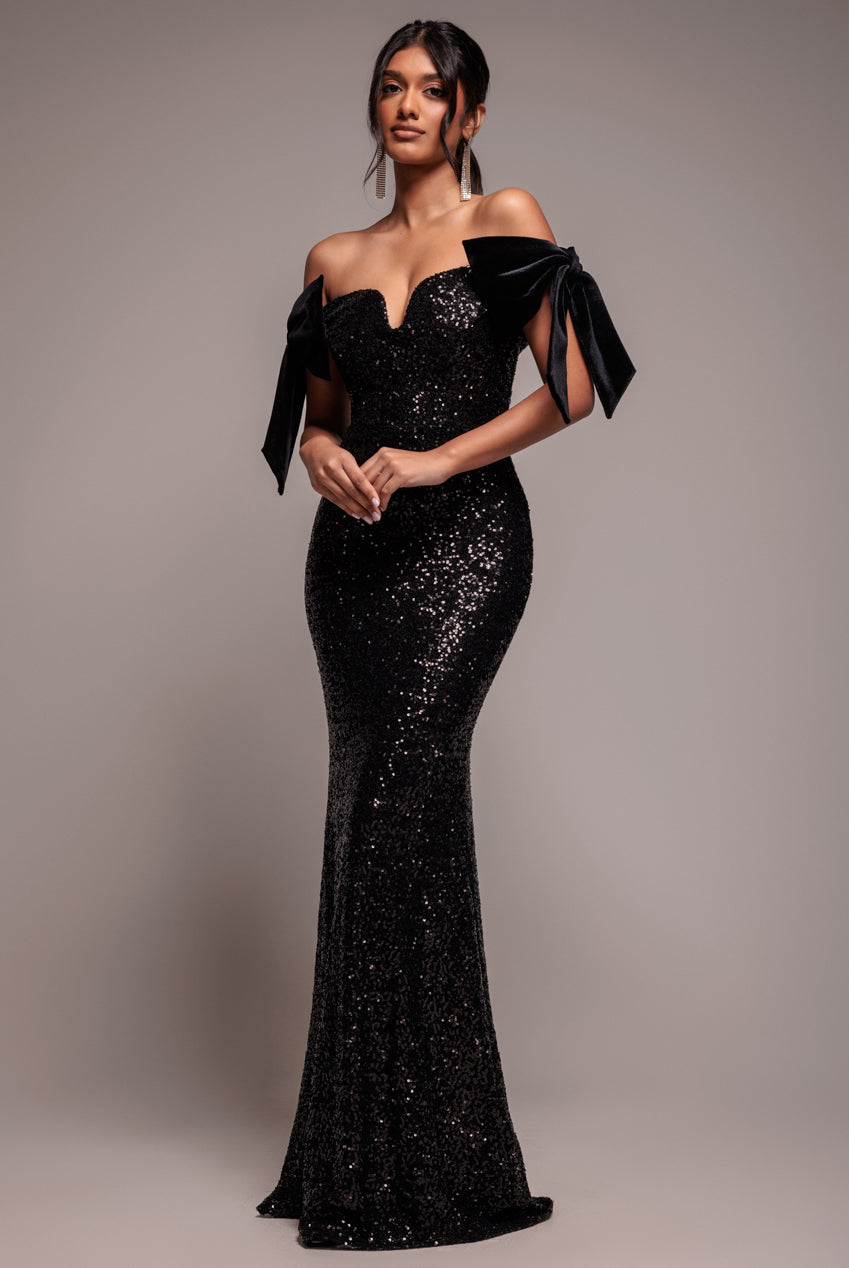 Goddiva Sequin Off The Shoulder Velvet Bow Maxi Dress - Black