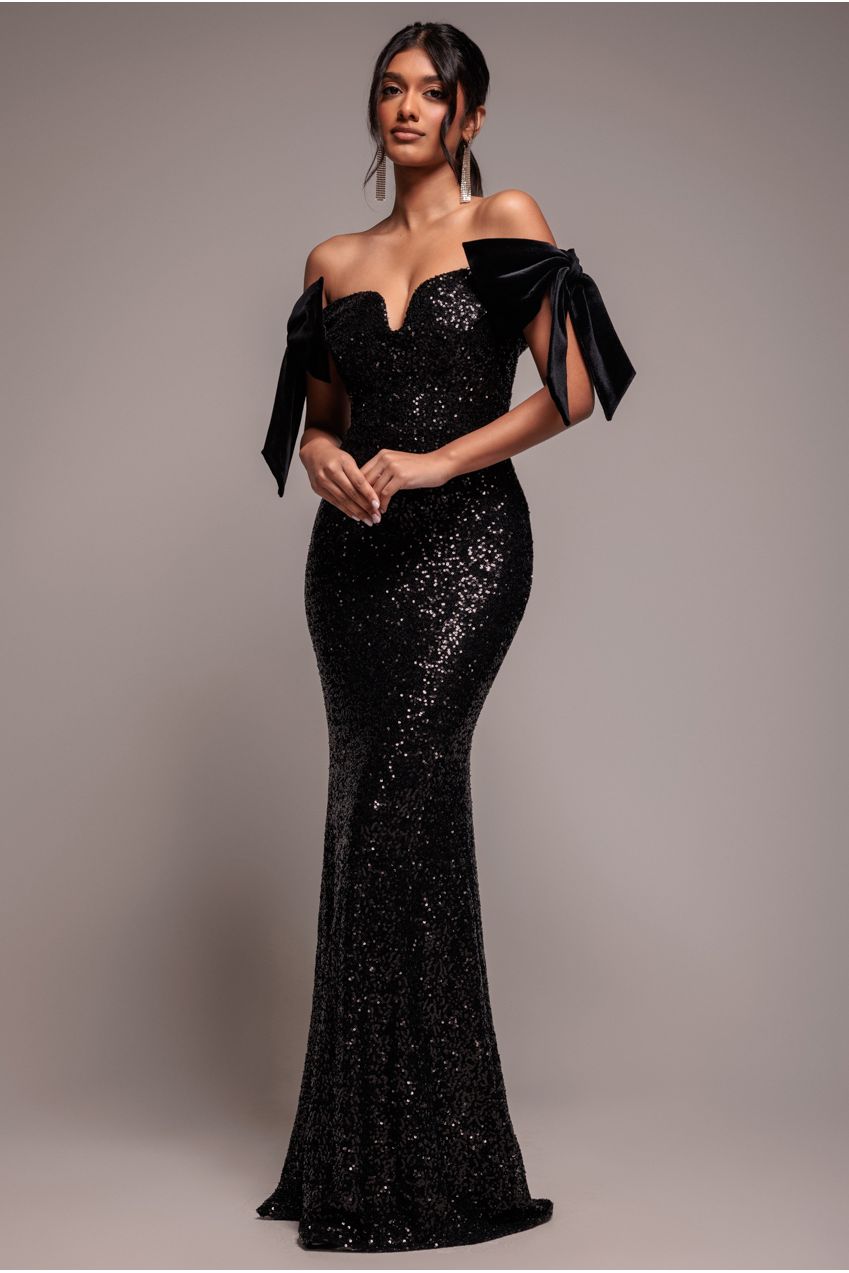Goddiva Sequin Off The Shoulder Velvet Bow Maxi Dress - Black