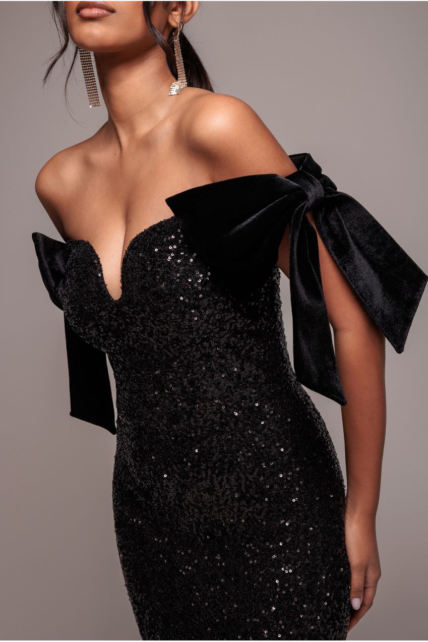Goddiva Sequin Off The Shoulder Velvet Bow Maxi Dress - Black