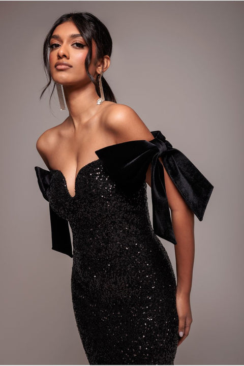 Goddiva Sequin Off The Shoulder Velvet Bow Maxi Dress - Black