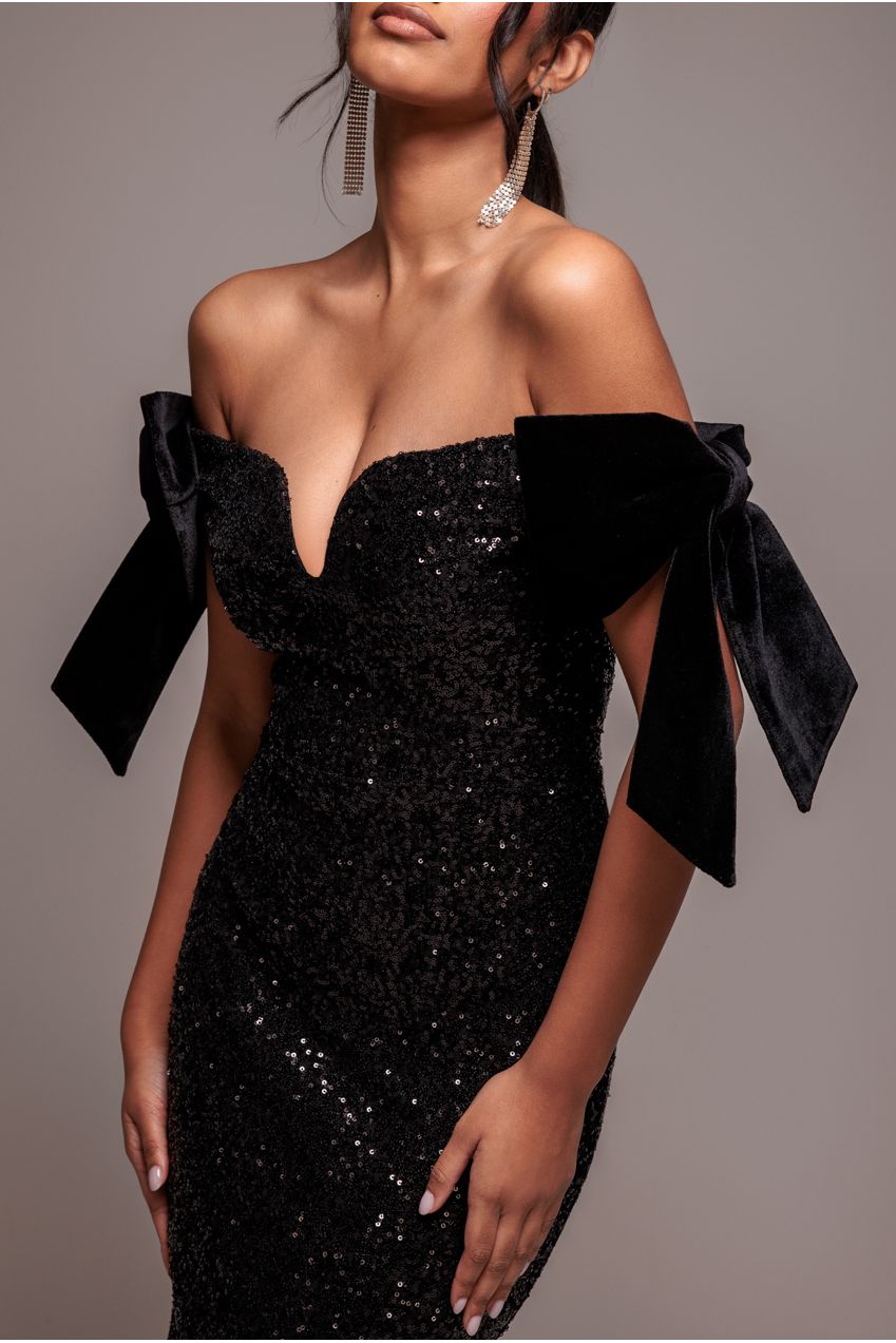 Goddiva Sequin Off The Shoulder Velvet Bow Midi Dress - Black