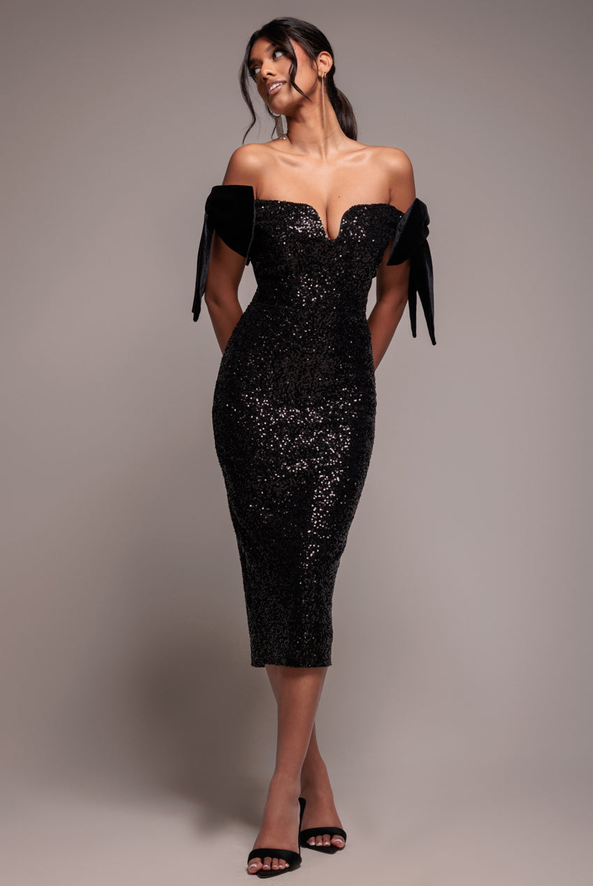 Goddiva Sequin Off The Shoulder Velvet Bow Midi Dress - Black