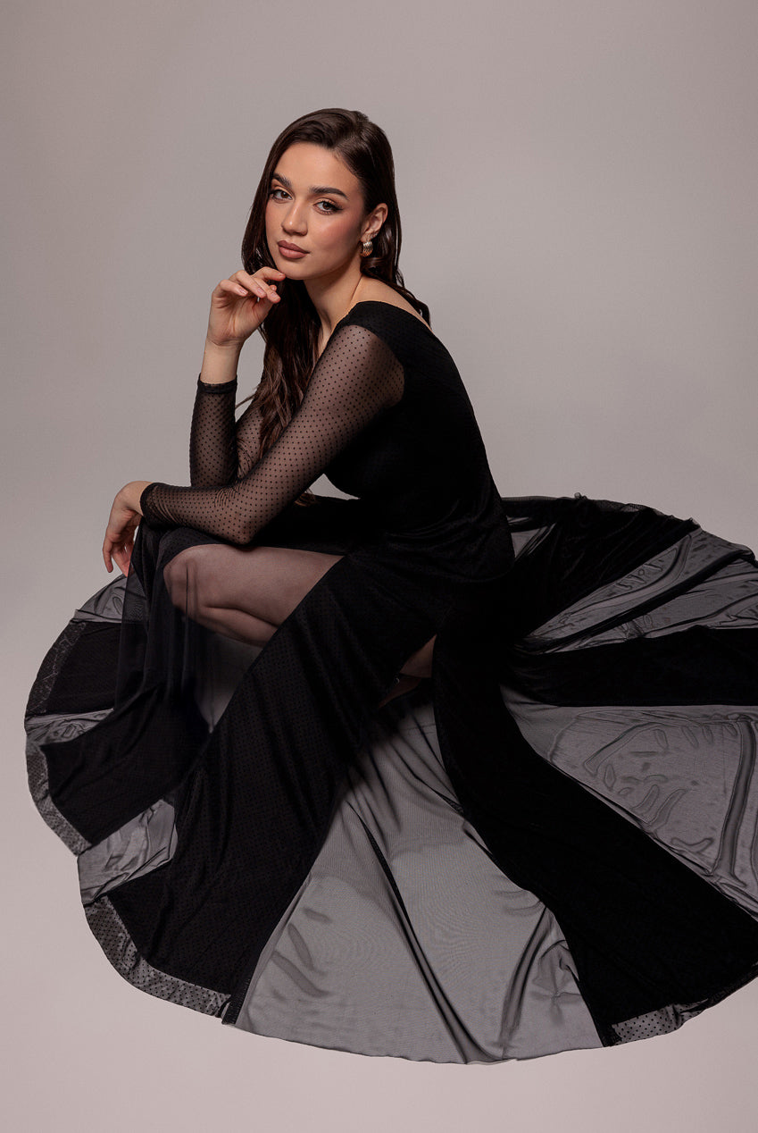 Goddiva Dobby Mesh Insert Long Sleeve A-Line Maxi Dress - Black
