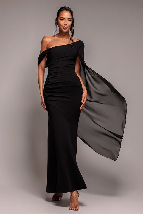 Goddiva One Shoulder Cape Scuba & Chiffon Maxi Dress - Black
