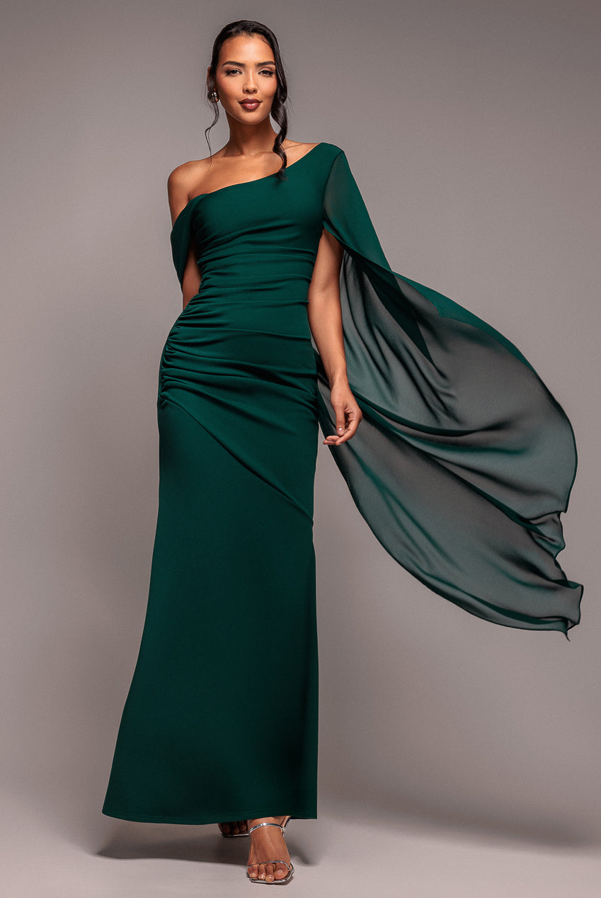 Goddiva One Shoulder Cape Scuba & Chiffon Maxi Dress - Emerald Green